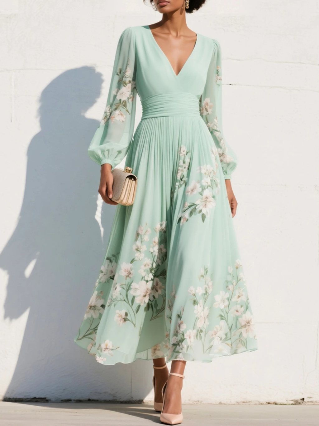 Cisella | Midi jurk lichtgroen met bloemen
