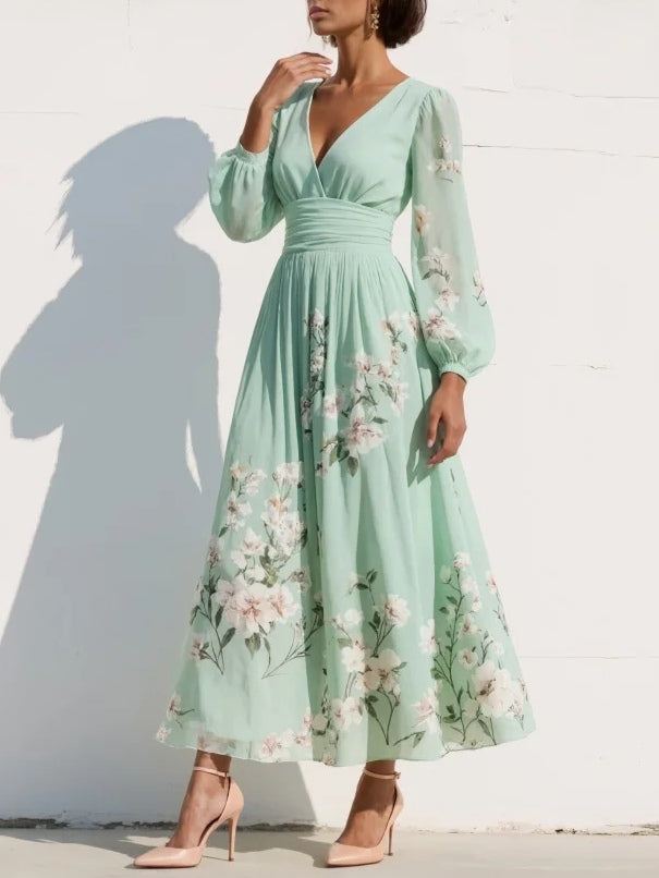 Cisella | Midi jurk lichtgroen met bloemen
