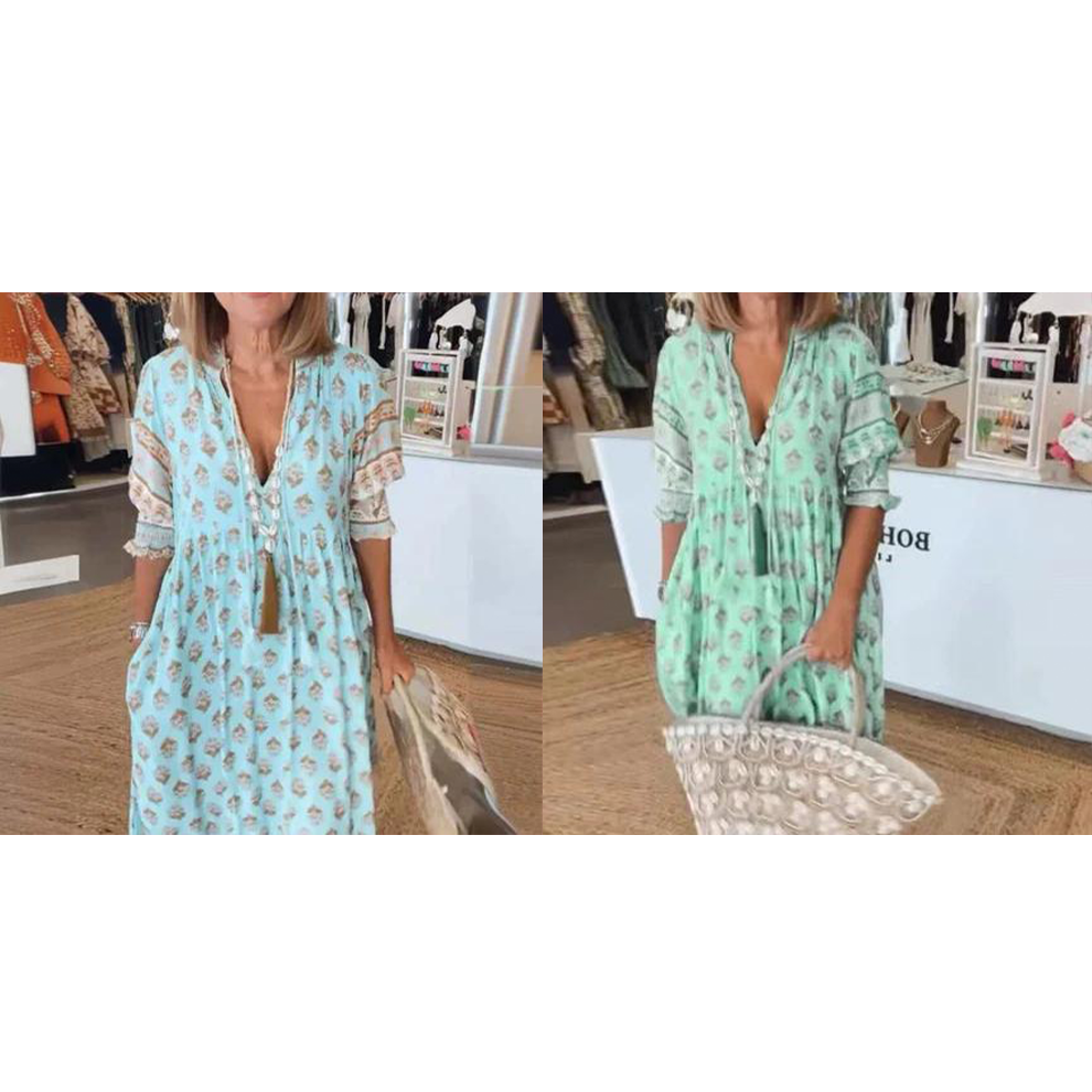 🟌Lenteaanbieding: 50 % korting👗Boho-jurk met bloemenprint, V-hals, hoge taille en A-lijn silhouet