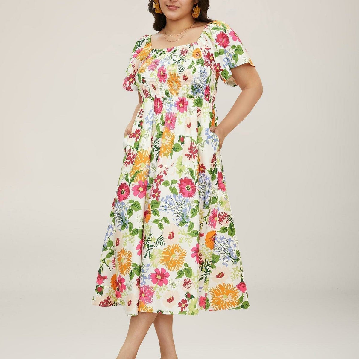 ⏰Zomeruitverkoop 50% KORTING 💃Gebloemde midi-jurk met gesmockte vierkante hals en zakken