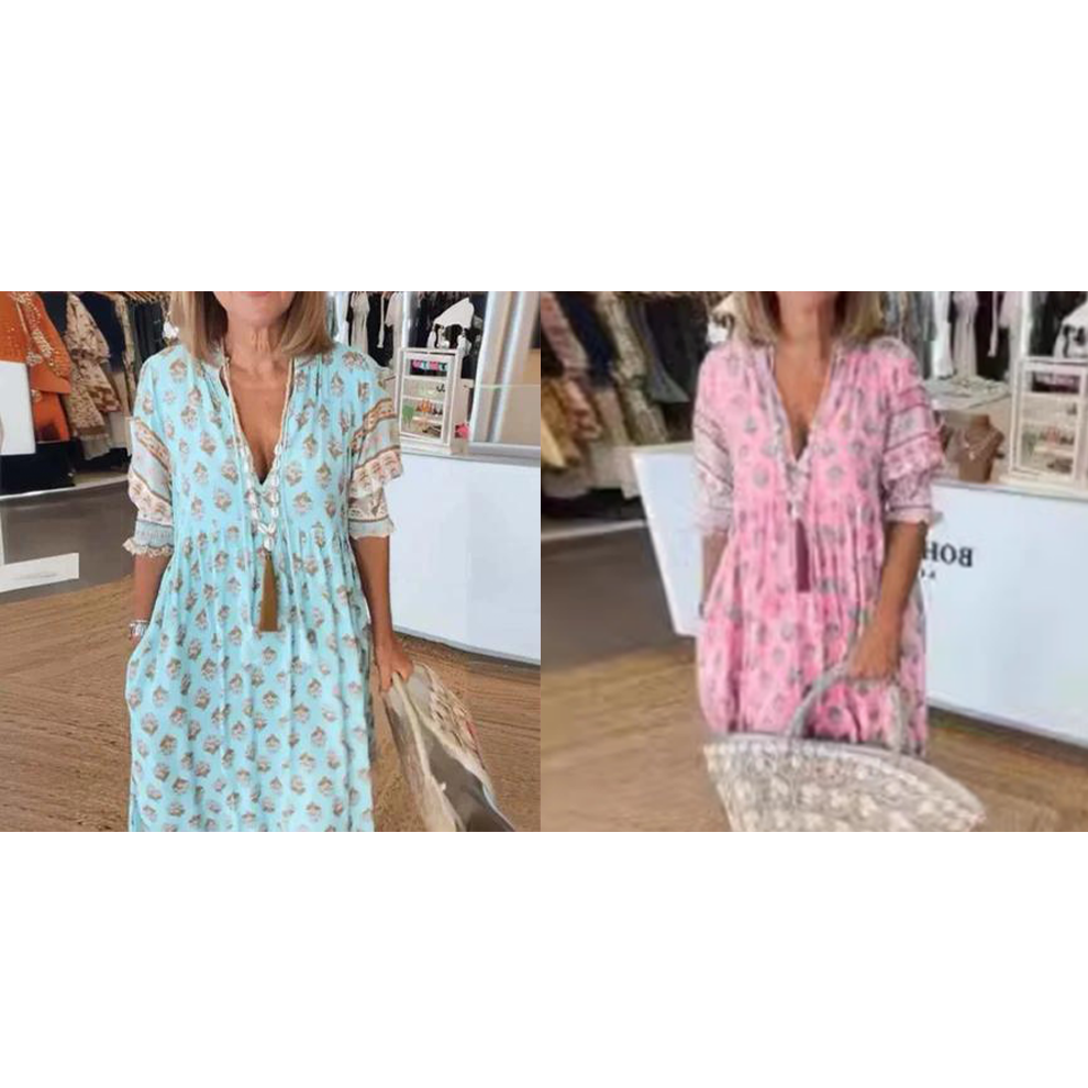 🟌Lenteaanbieding: 50 % korting👗Boho-jurk met bloemenprint, V-hals, hoge taille en A-lijn silhouet
