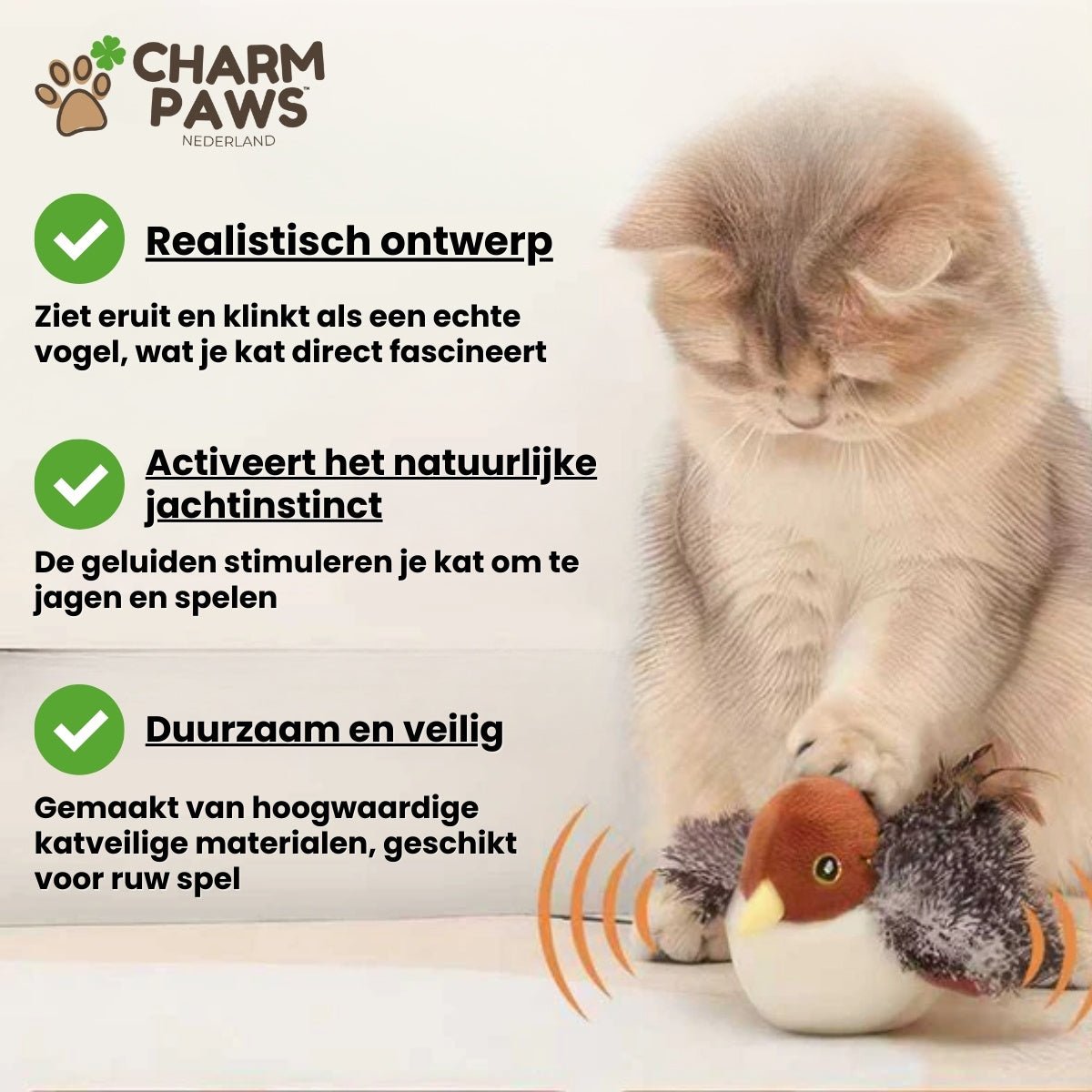 CharmPaws® Realistische Simulatie Vogel voor Katten - Kleine Mus (Flappert + Tjilpt)