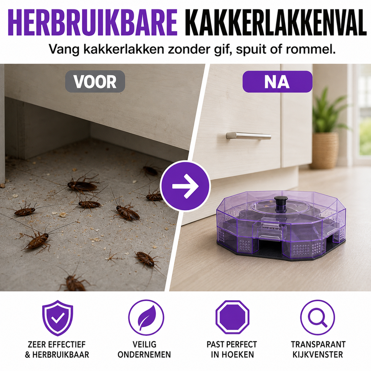 🏠🚫 50% KORTING! Stop met het spuiten van chemische troep waar je kinderen en huisdieren bij lopen! Deze herbruikbare val met eenrichtingsdeuren vangt élke kakkerlak – geen gif, geen rommel.