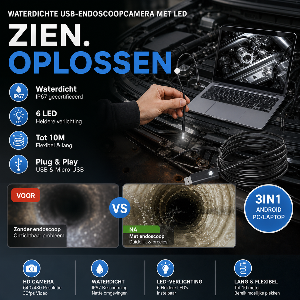 🔦 Waterdichte USB-endoscoopcamera met LED – IP67, 5,5 mm/7 mm & 1-10 m – Perfect voor leidinginspecties, voertuigdiagnose of moeilijk bereikbare plaatsen – scherpe beelden & flexibele kabel 🛠️✨