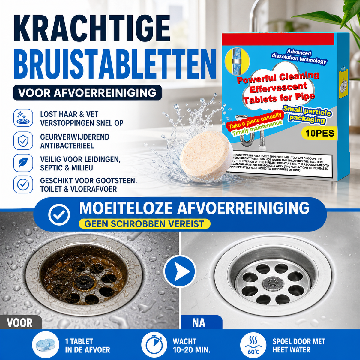50% KORTING ❤️Krachtige Reinigende Bruistabletten voor Afvoer, Lost Haar & Vet Verstoppingen Snel Op, Geurverwijderend Antibacterieel Afvoerreiniging voor Gootsteen Toilet Vloer