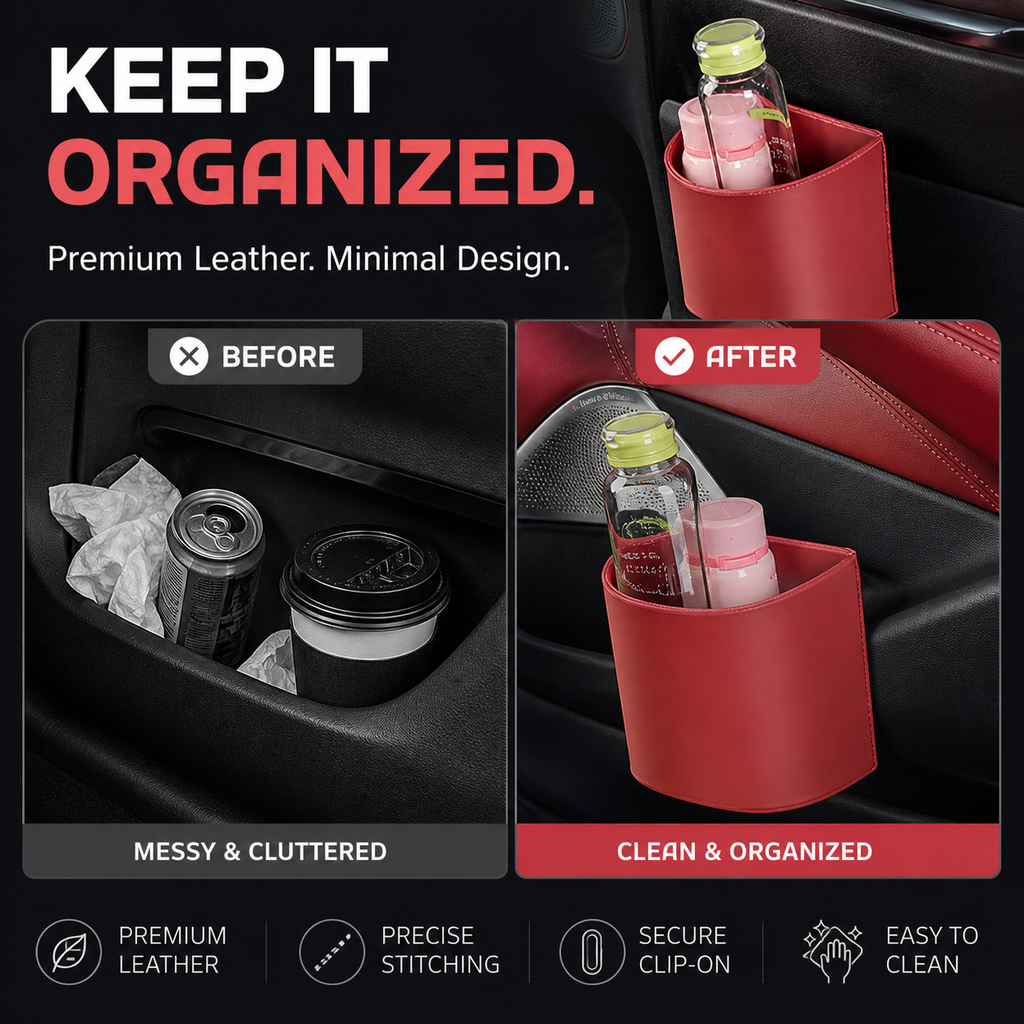 🥳2026 HOT SALE🥳💞50K+ VERKOCHT!🚗🧺 53% KORTING! Lederen autodeur bekerhouder – Brede opening, gemakkelijk bereikbaar voor drankjes en telefoon. Stevige clipbevestiging. Gemaakt van duurzaam PU-leer, sterk & stijlvol. 🛡️✨