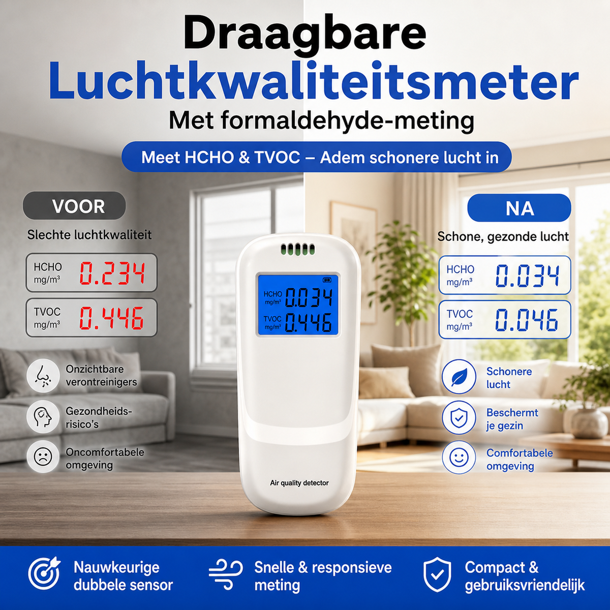 Draagbare luchtkwaliteitsmeter met formaldehyde-meting