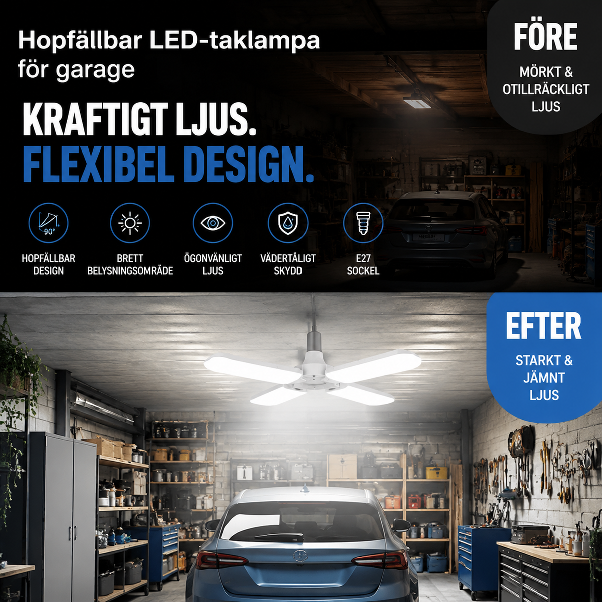 Opvouwbare LED-plafondlamp voor de garage