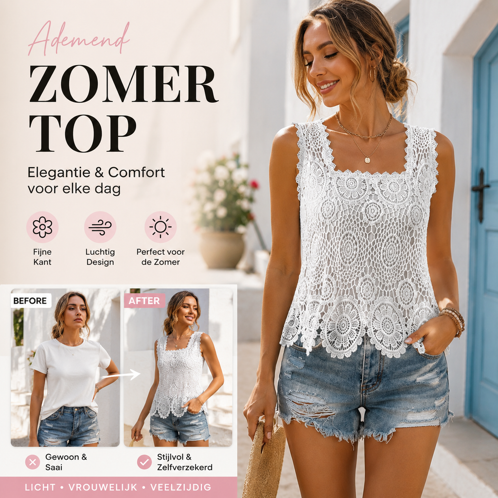 👕 FLASH SALE 50% KORTING! 🌸 Mouwloze top van gehaakt kant – vierkante halslijn, geschulpte zoom, ademend, 5 kleuren, S-2XL 🏆