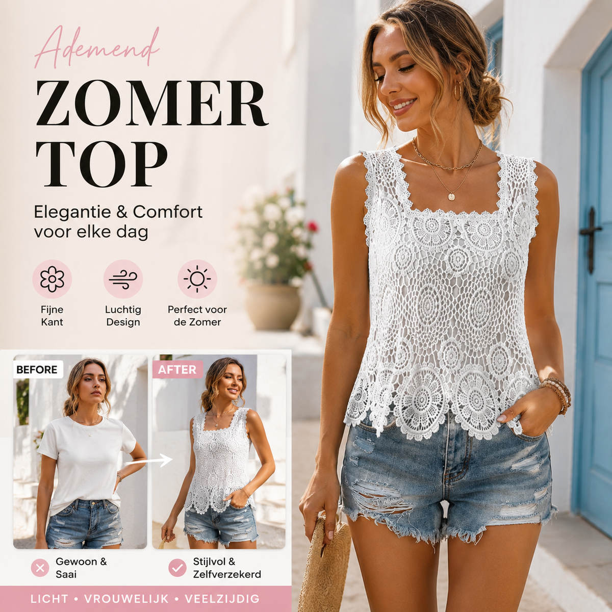 👕 FLASH SALE 50% KORTING! 🌸 Mouwloze top van gehaakt kant – vierkante halslijn, geschulpte zoom, ademend, 5 kleuren, S-2XL 🏆