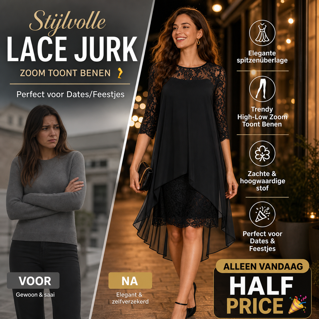 ⏳ FLASH SALE! ✨ Stijlvolle Lace Jurk | High-Low Zoom Toont Benen 🦵 | Perfect voor Dates/Feestjes | HALF PRICE 🎉