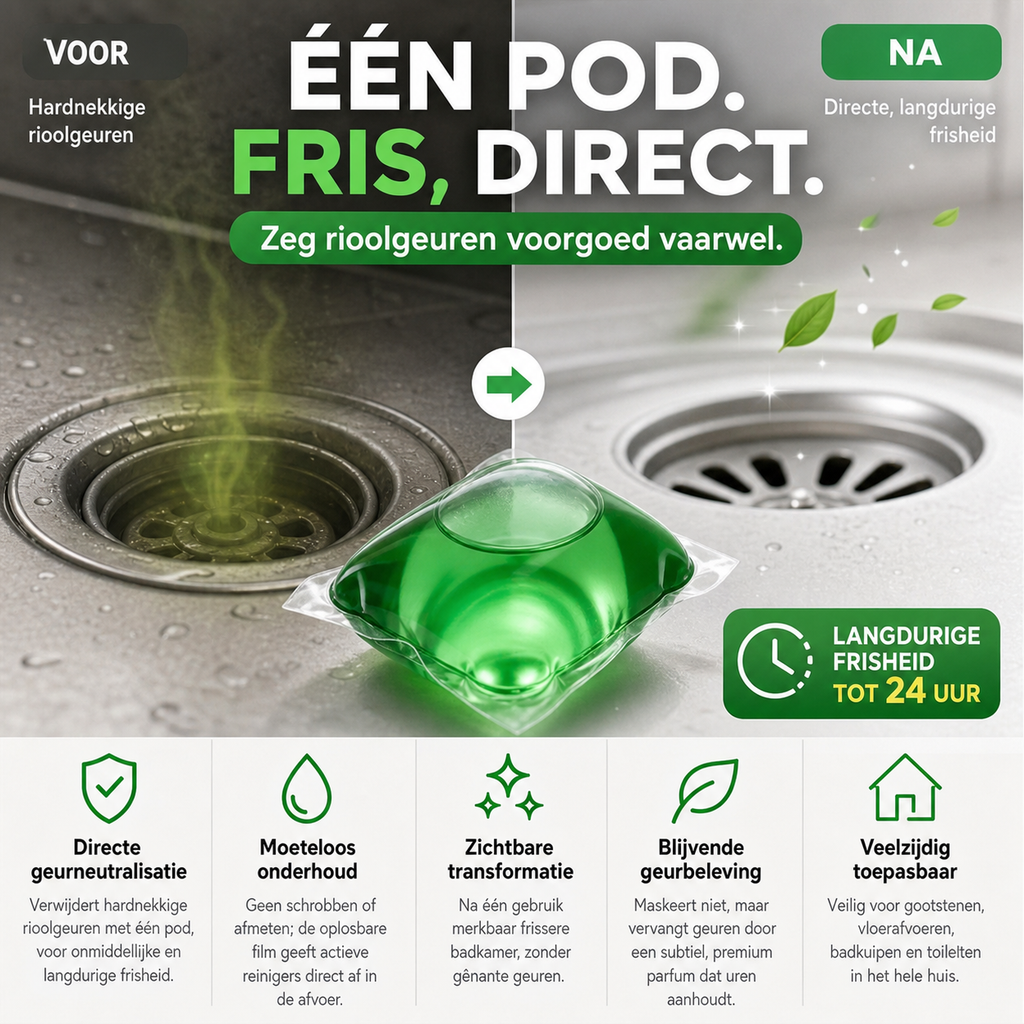 Bio-enzymatische afvoercapsules — Neutraliseert geuren direct bij de bron. Directe frisheid, zonder agressieve chemicaliën. Zeg dag tegen stank! 🚰✅