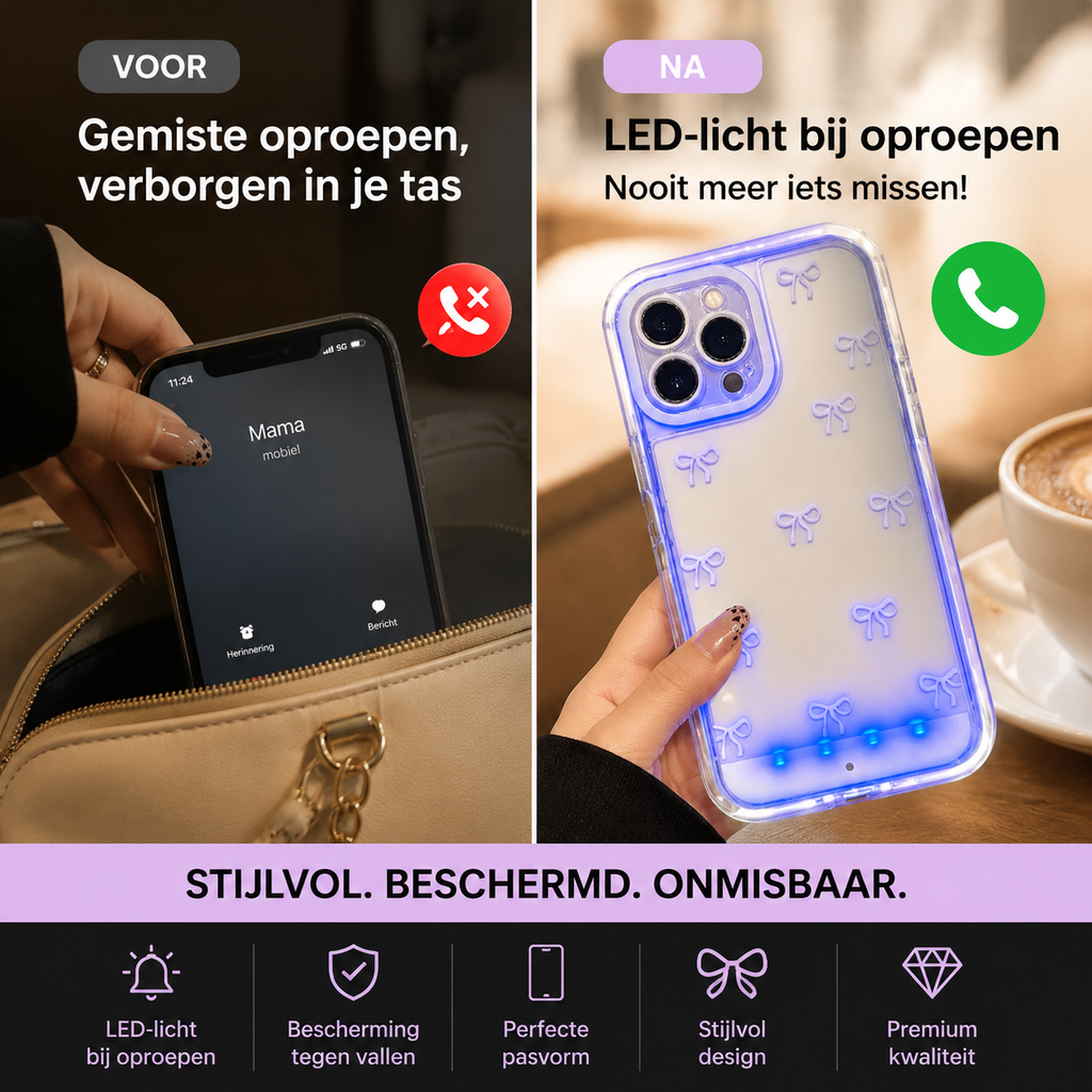 Stop met het missen van oproepen in je tas! Dit LED-hoesje licht op als een vuurtoren bij elke melding, beschermt je telefoon tegen vallen, en ziet er nog stylish uit ook!