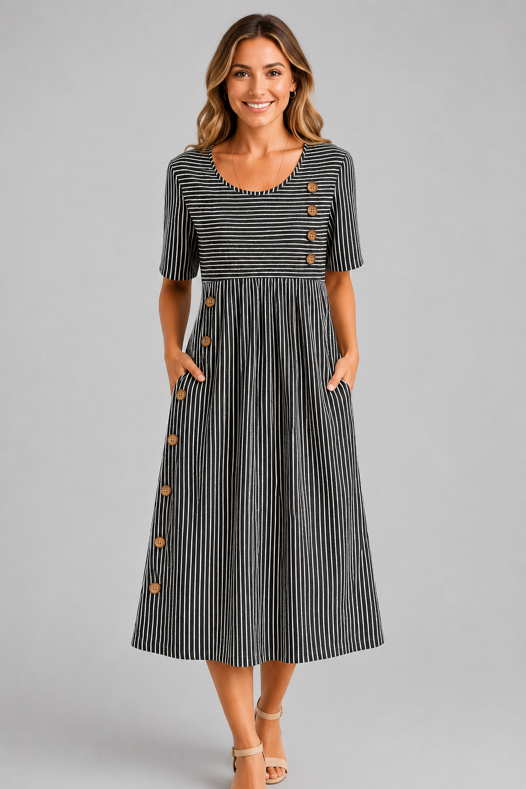 Ismay™ | Gestreepte Buikcamouflerende Midi Jurk