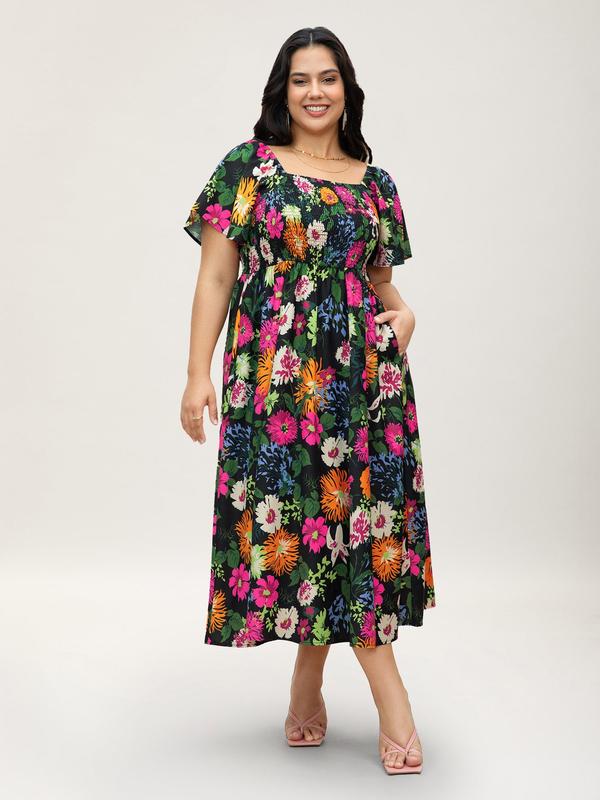⏰Zomeruitverkoop 50% KORTING 💃Gebloemde midi-jurk met gesmockte vierkante hals en zakken