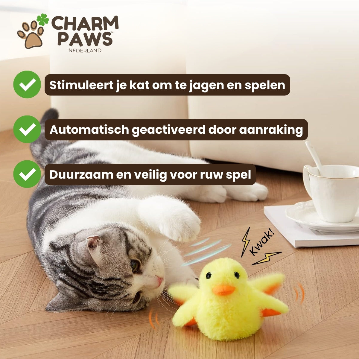 CharmPaws® Realistische Simulatie Vogel voor Katten - Eend (Flappert + Kwaakt)