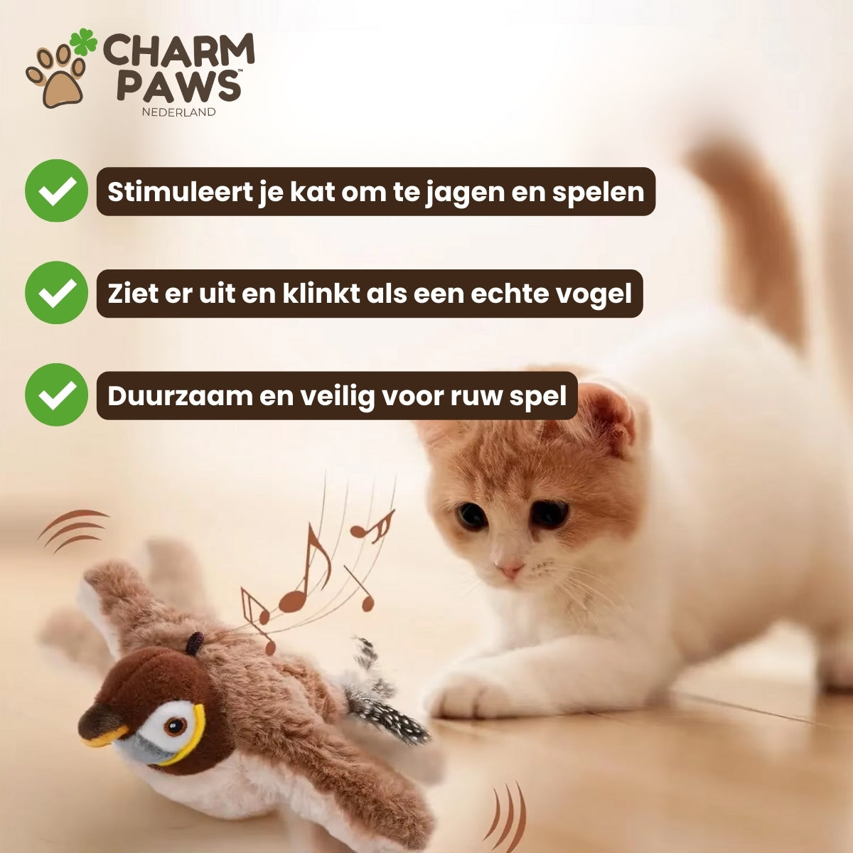 CharmPaws® Realistische Simulatie Vogel voor Katten - Grote Mus (Flappert + Tjilpt)