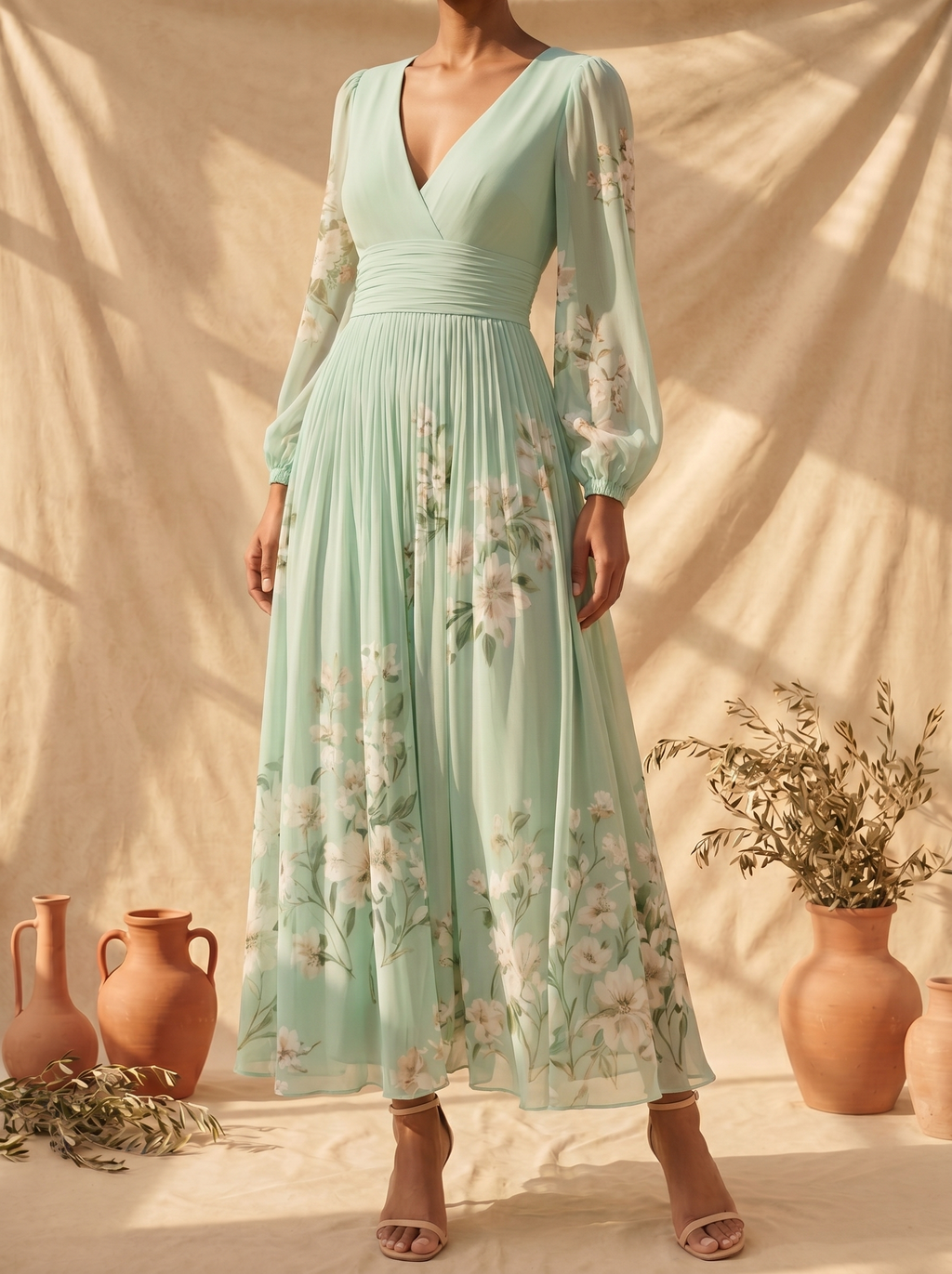 Cisella | Midi jurk lichtgroen met bloemen