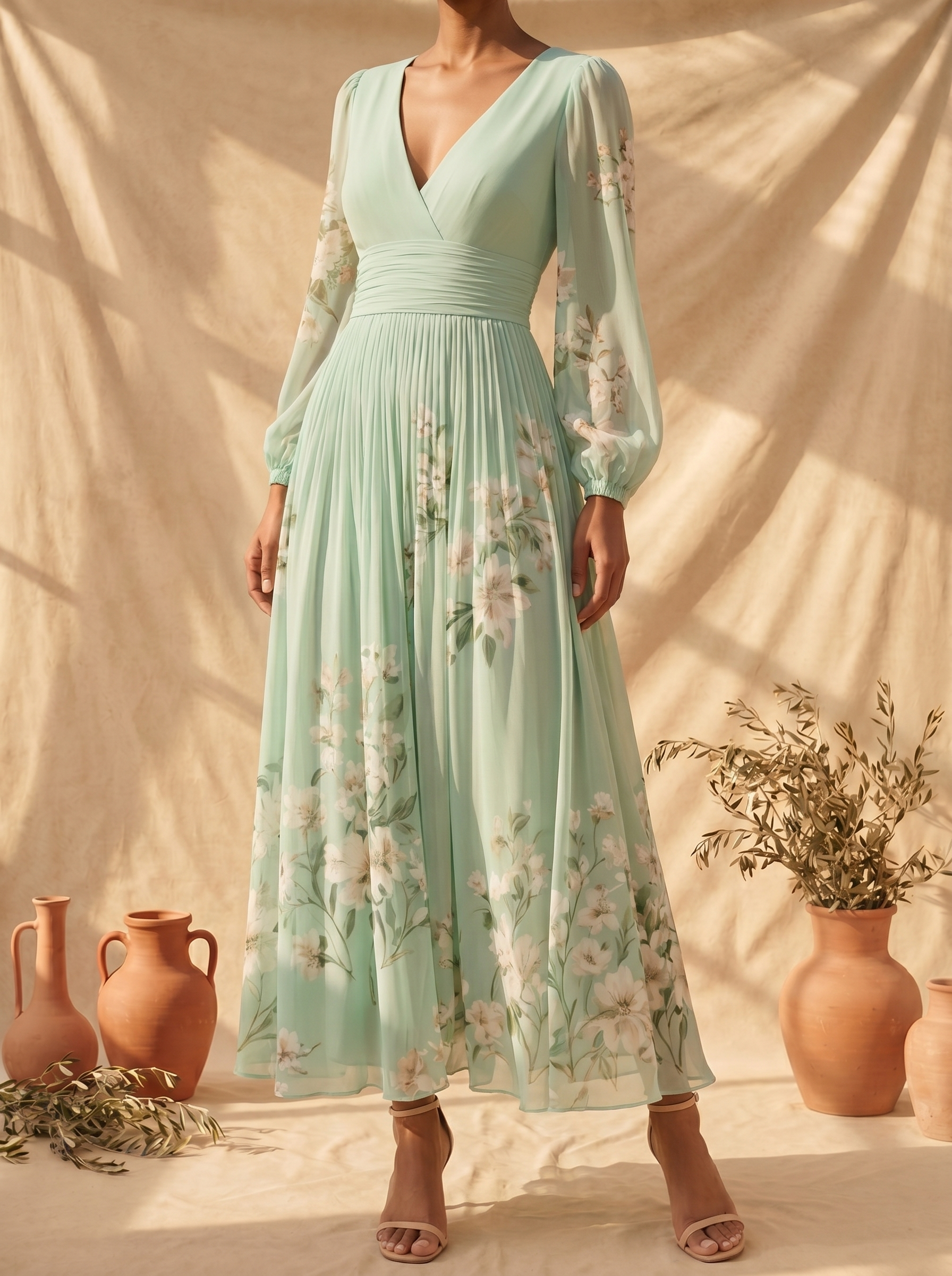 Cisella | Midi jurk lichtgroen met bloemen