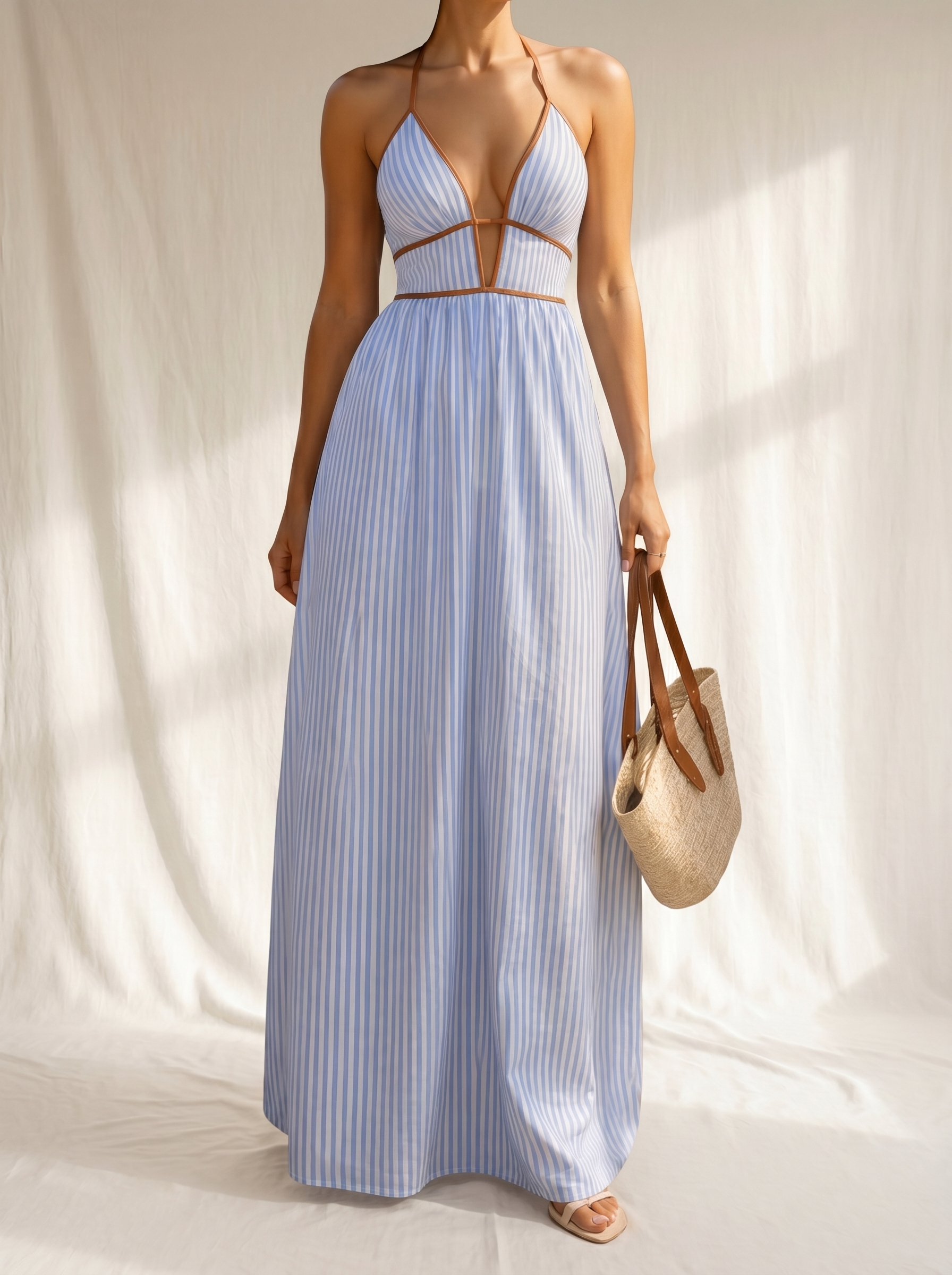 Laurina | Lange Gestreepte Jurk met Cut-out Hals