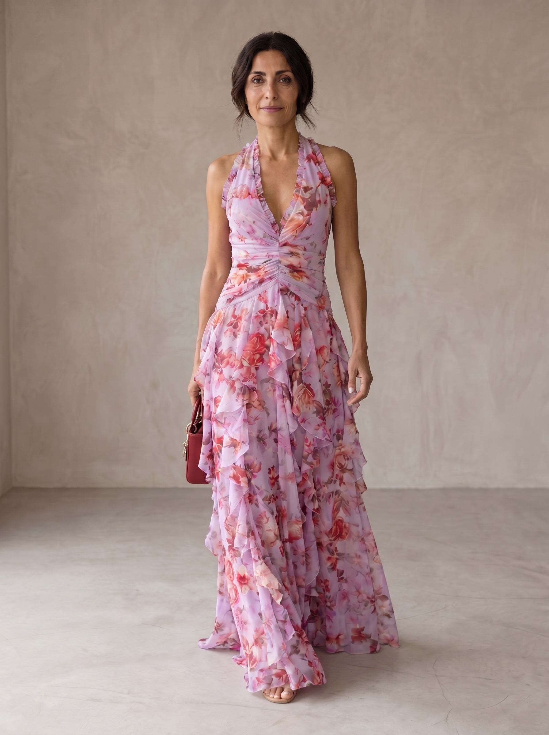 Belladina | Romantische Cascata di Rose Lange jurk met Amerikaanse halslijn