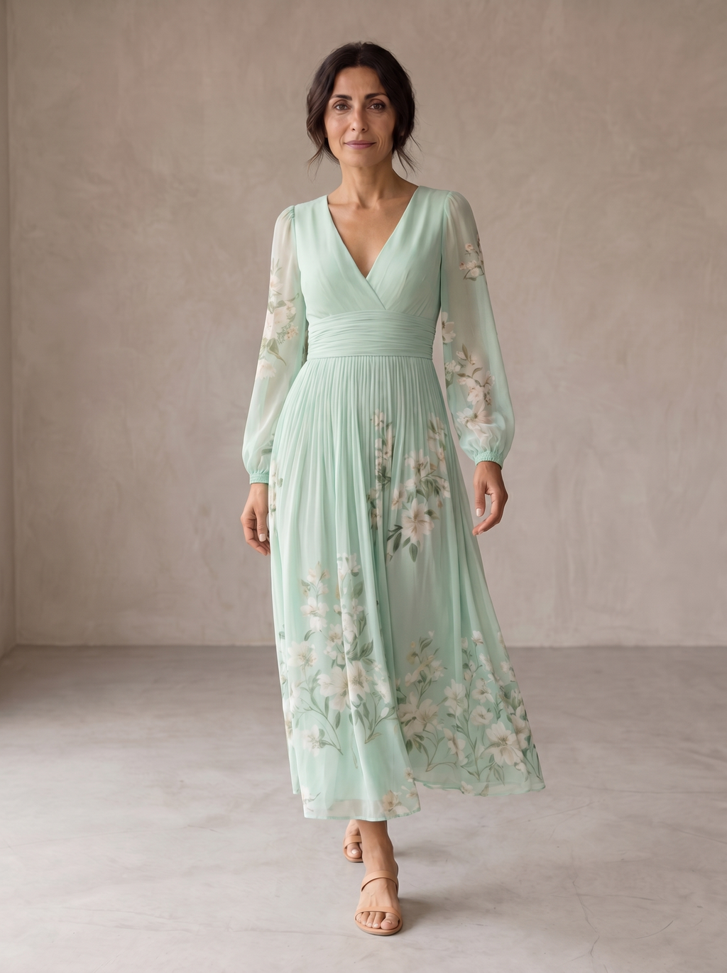 Cisella | Midi jurk lichtgroen met bloemen