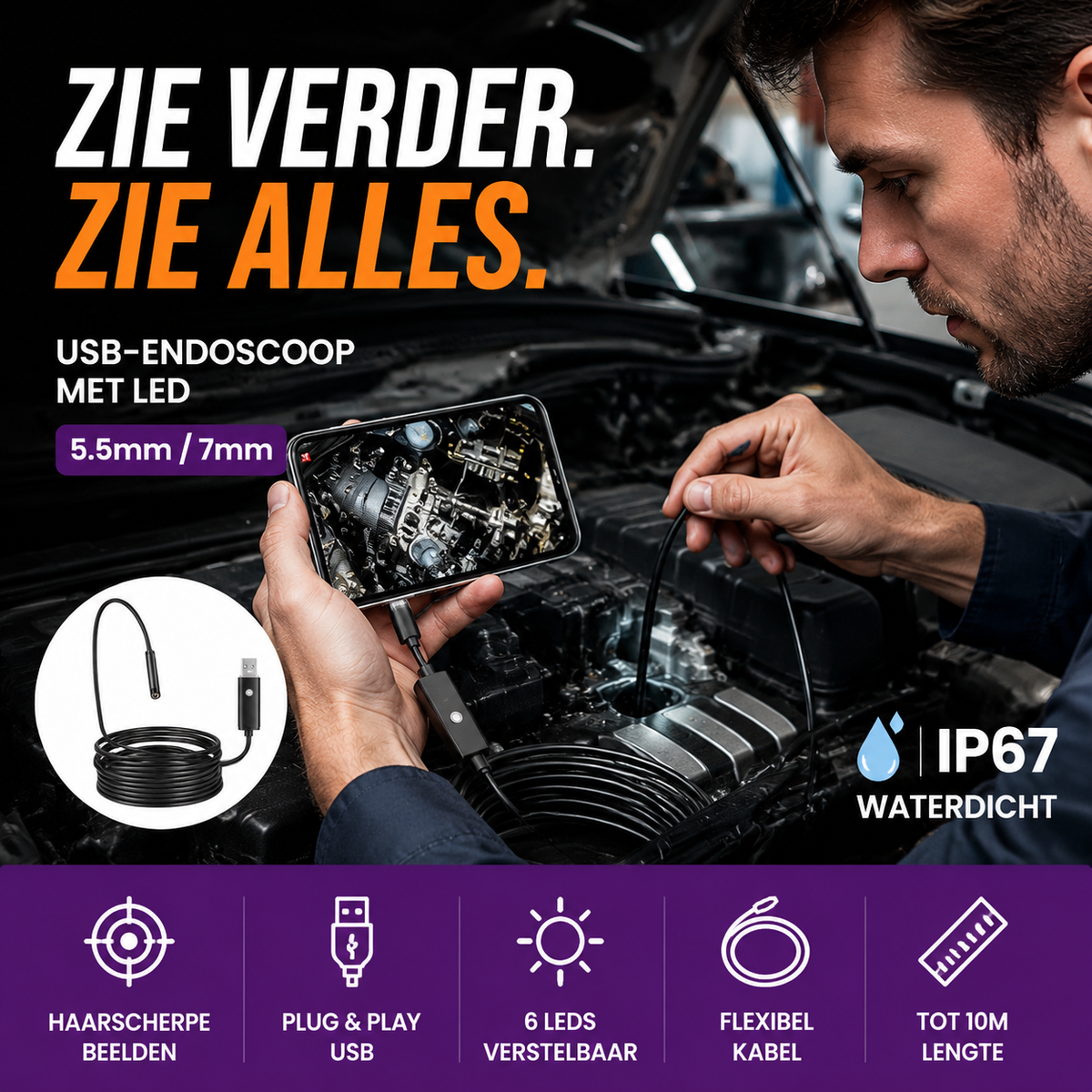 🔦 Waterdichte USB-endoscoopcamera met LED – IP67, 5,5 mm/7 mm & 1-10 m – Perfect voor leidinginspecties, voertuigdiagnose of moeilijk bereikbare plaatsen – scherpe beelden & flexibele kabel 🛠️✨