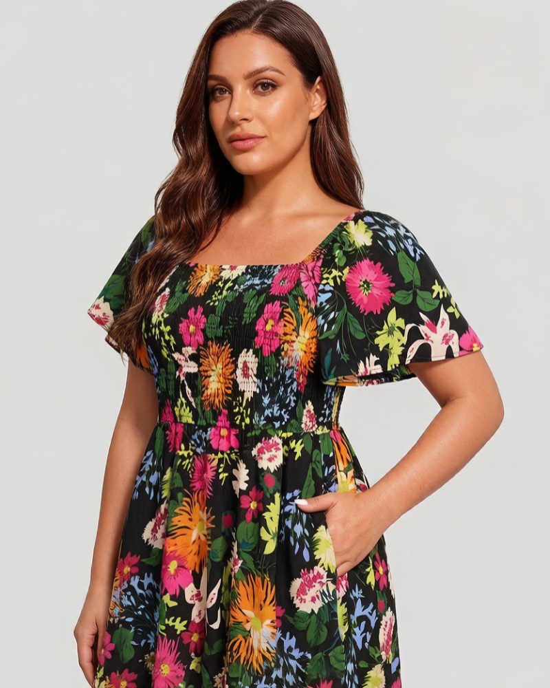 ⏰Zomeruitverkoop 50% KORTING 💃Gebloemde midi-jurk met gesmockte vierkante hals en zakken