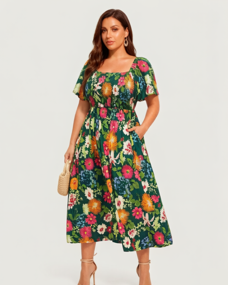 ⏰Zomeruitverkoop 50% KORTING 💃Gebloemde midi-jurk met gesmockte vierkante hals en zakken