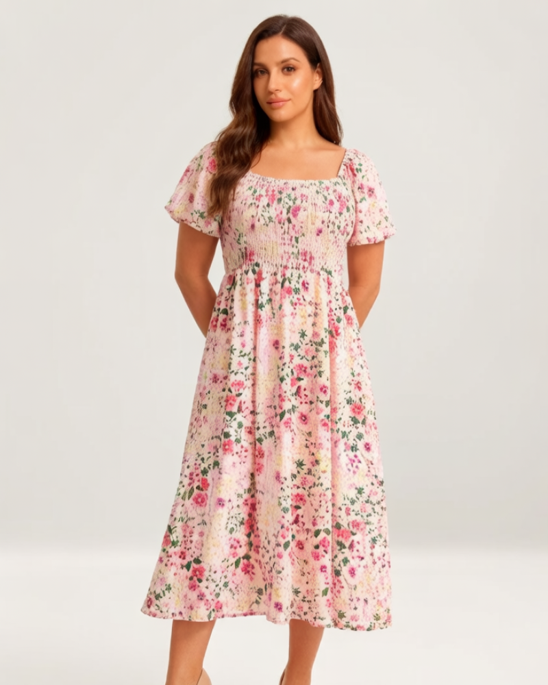 ⏰Zomeruitverkoop 50% KORTING 💃Gebloemde midi-jurk met gesmockte vierkante hals en zakken