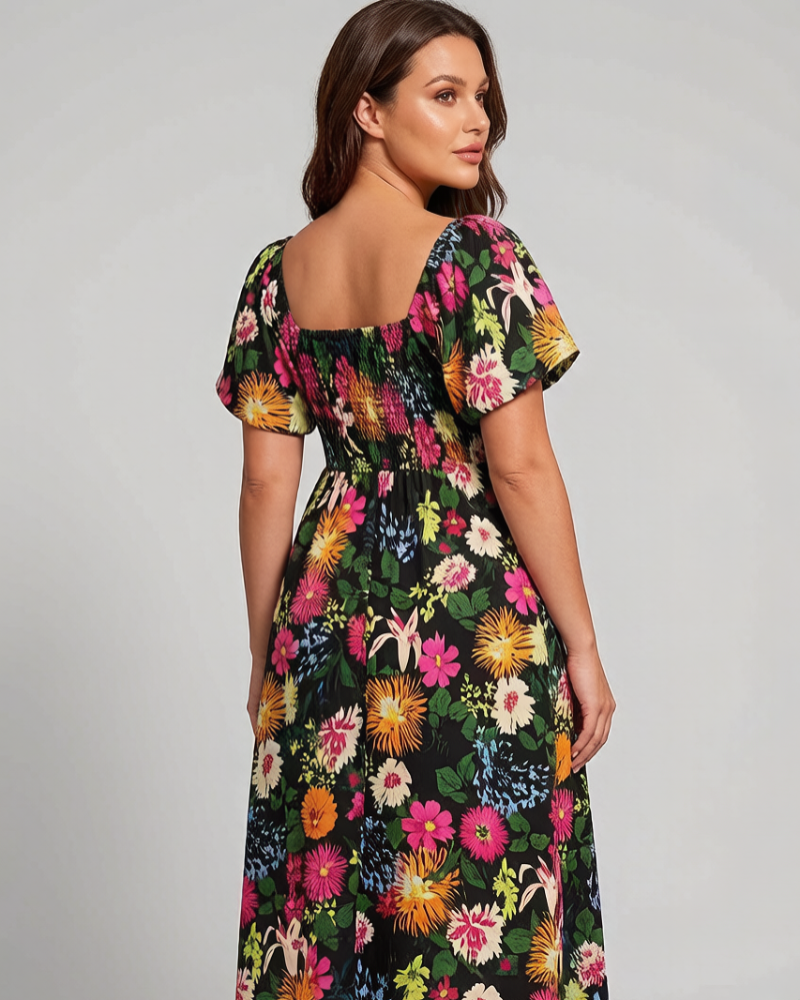⏰Zomeruitverkoop 50% KORTING 💃Gebloemde midi-jurk met gesmockte vierkante hals en zakken
