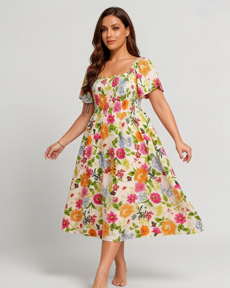 ⏰Zomeruitverkoop 50% KORTING 💃Gebloemde midi-jurk met gesmockte vierkante hals en zakken