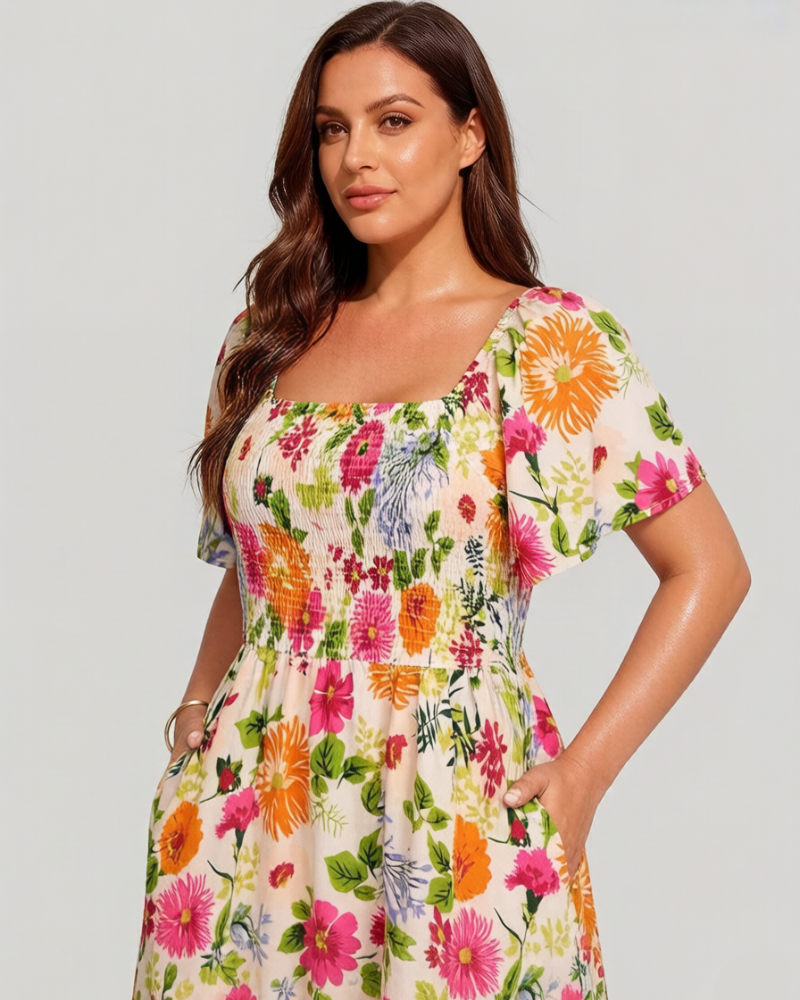 ⏰Zomeruitverkoop 50% KORTING 💃Gebloemde midi-jurk met gesmockte vierkante hals en zakken