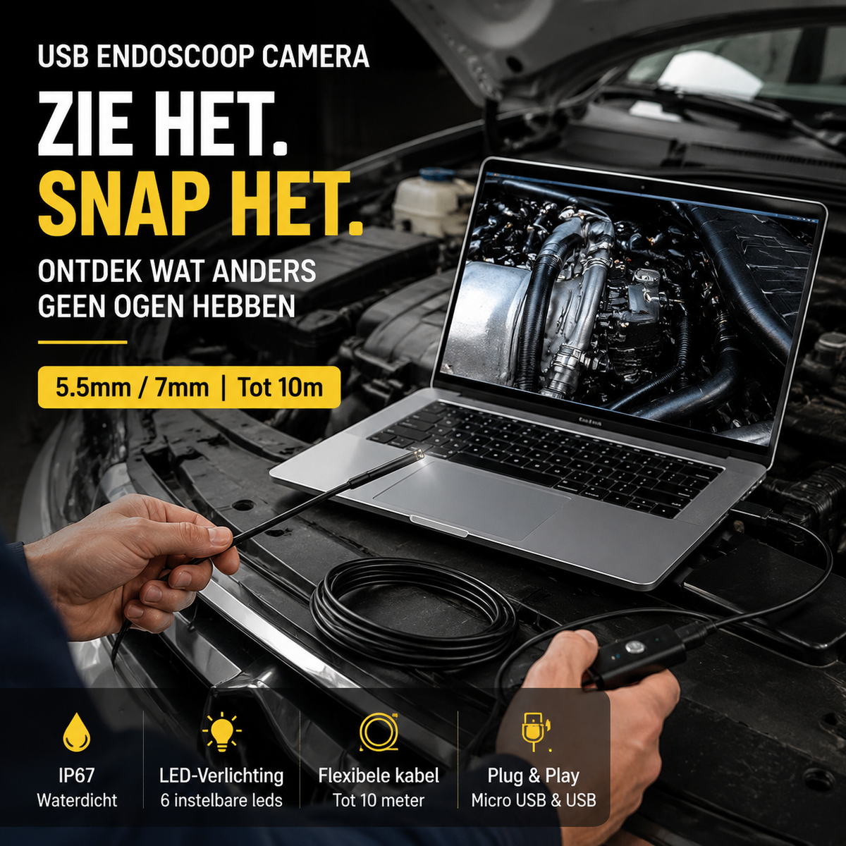 🔦 Waterdichte USB-endoscoopcamera met LED – IP67, 5,5 mm/7 mm & 1-10 m – Perfect voor leidinginspecties, voertuigdiagnose of moeilijk bereikbare plaatsen – scherpe beelden & flexibele kabel 🛠️✨