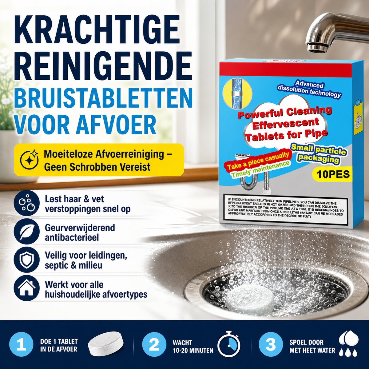 50% KORTING ❤️Krachtige Reinigende Bruistabletten voor Afvoer, Lost Haar & Vet Verstoppingen Snel Op, Geurverwijderend Antibacterieel Afvoerreiniging voor Gootsteen Toilet Vloer