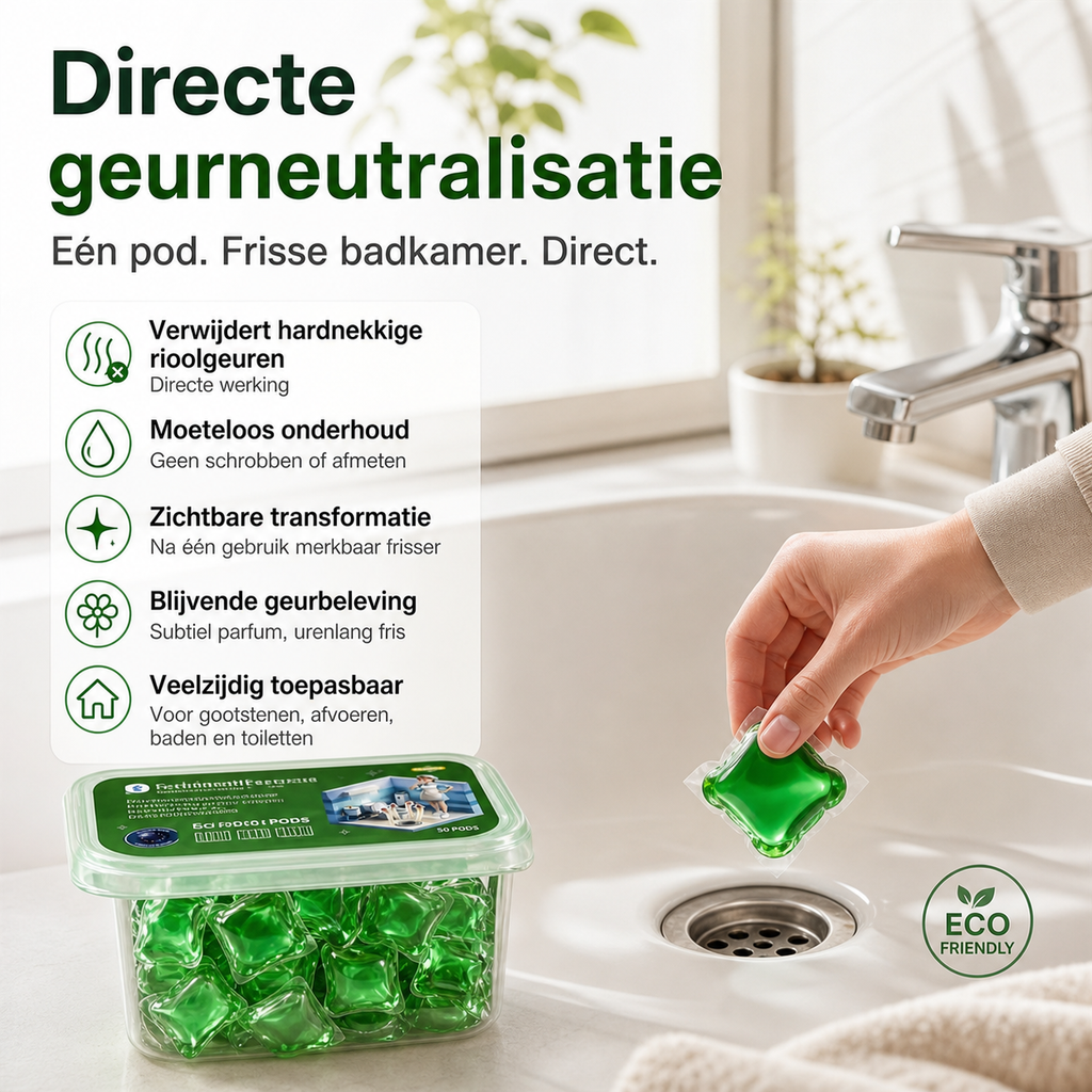 Bio-enzymatische afvoercapsules — Neutraliseert geuren direct bij de bron. Directe frisheid, zonder agressieve chemicaliën. Zeg dag tegen stank! 🚰✅