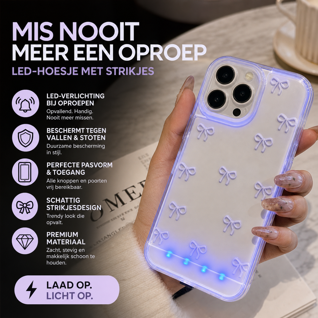 Stop met het missen van oproepen in je tas! Dit LED-hoesje licht op als een vuurtoren bij elke melding, beschermt je telefoon tegen vallen, en ziet er nog stylish uit ook!
