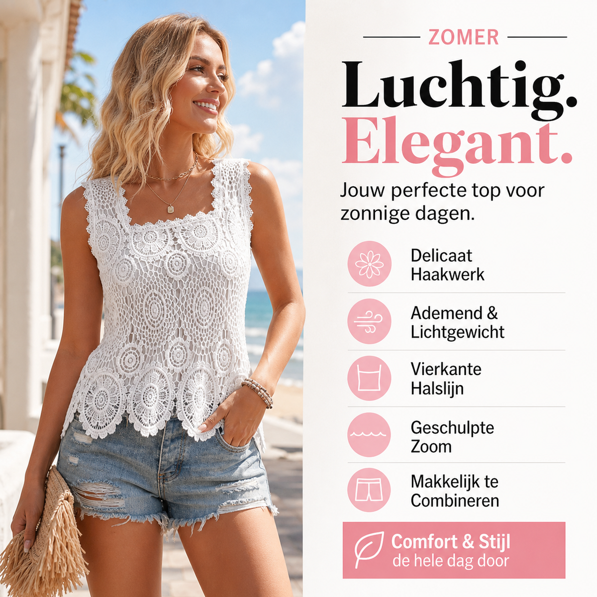 👕 FLASH SALE 50% KORTING! 🌸 Mouwloze top van gehaakt kant – vierkante halslijn, geschulpte zoom, ademend, 5 kleuren, S-2XL 🏆