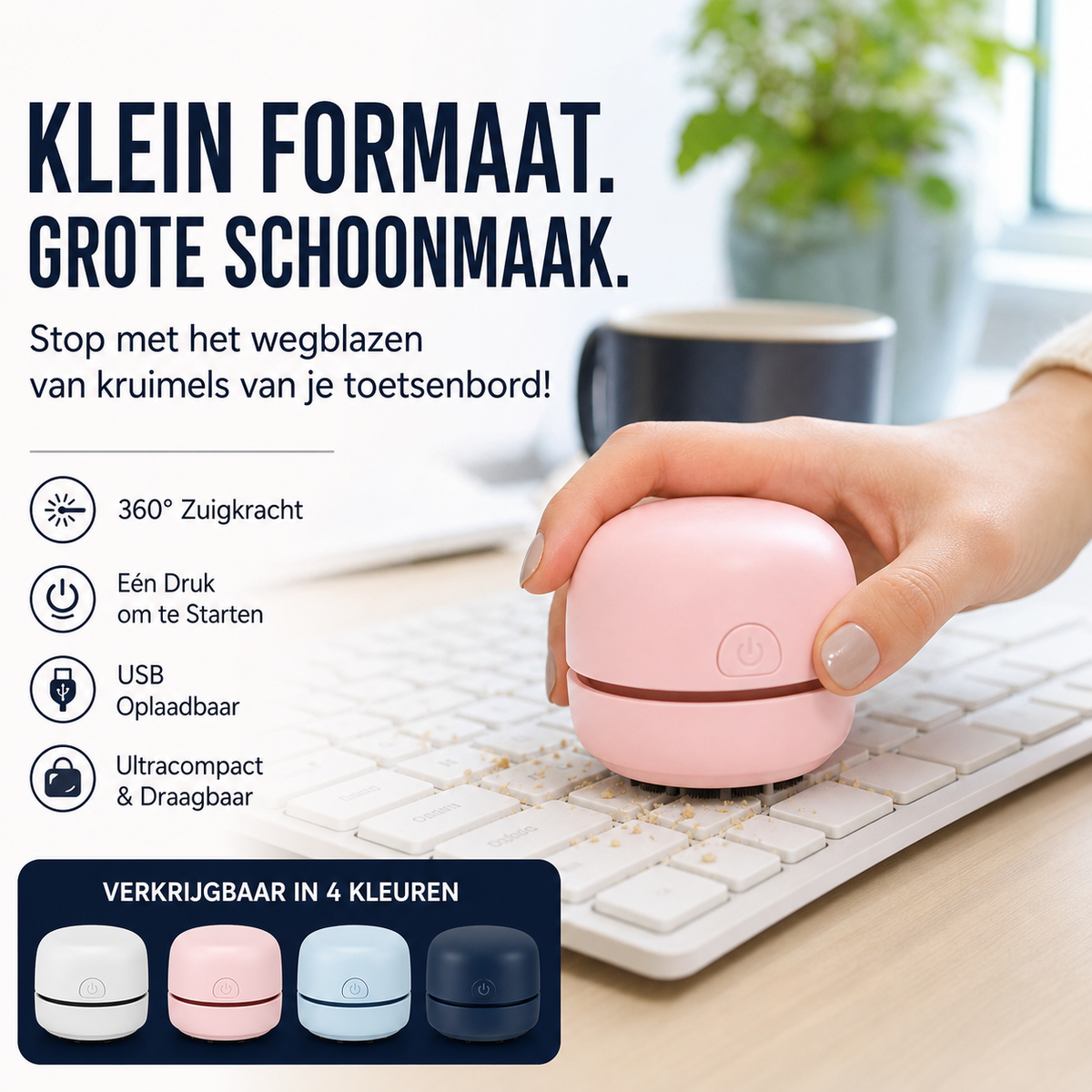 🔥Aanbieding 50% KORTING🔥 Stop met het wegblazen van kruimels van je toetsenbord! Draagbare mini-bureaustofzuiger – USB-oplaadbaar, 360° zuigkracht, start met één druk op de knop 🖥️