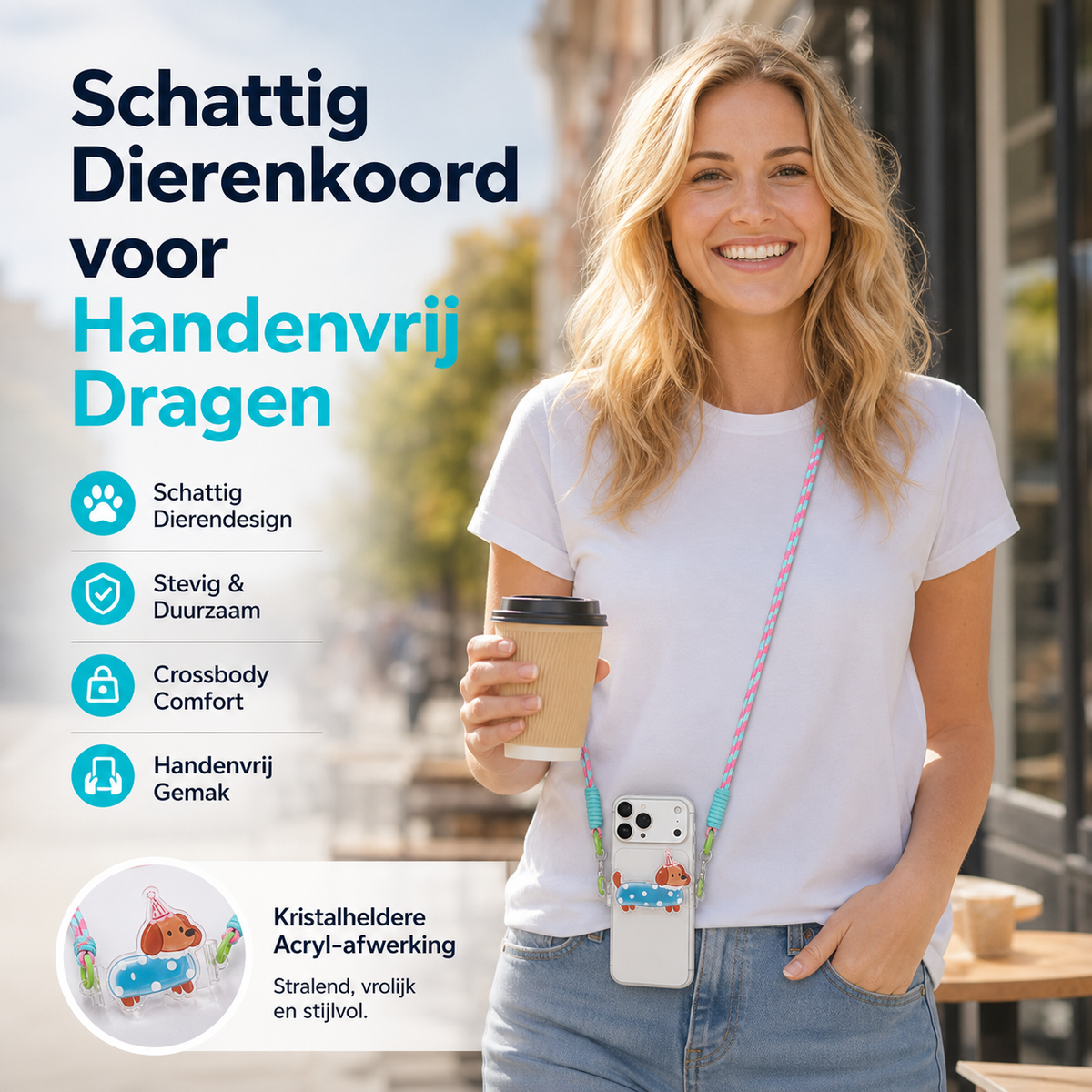 Schattige telefoonclip met cartoondier en koord