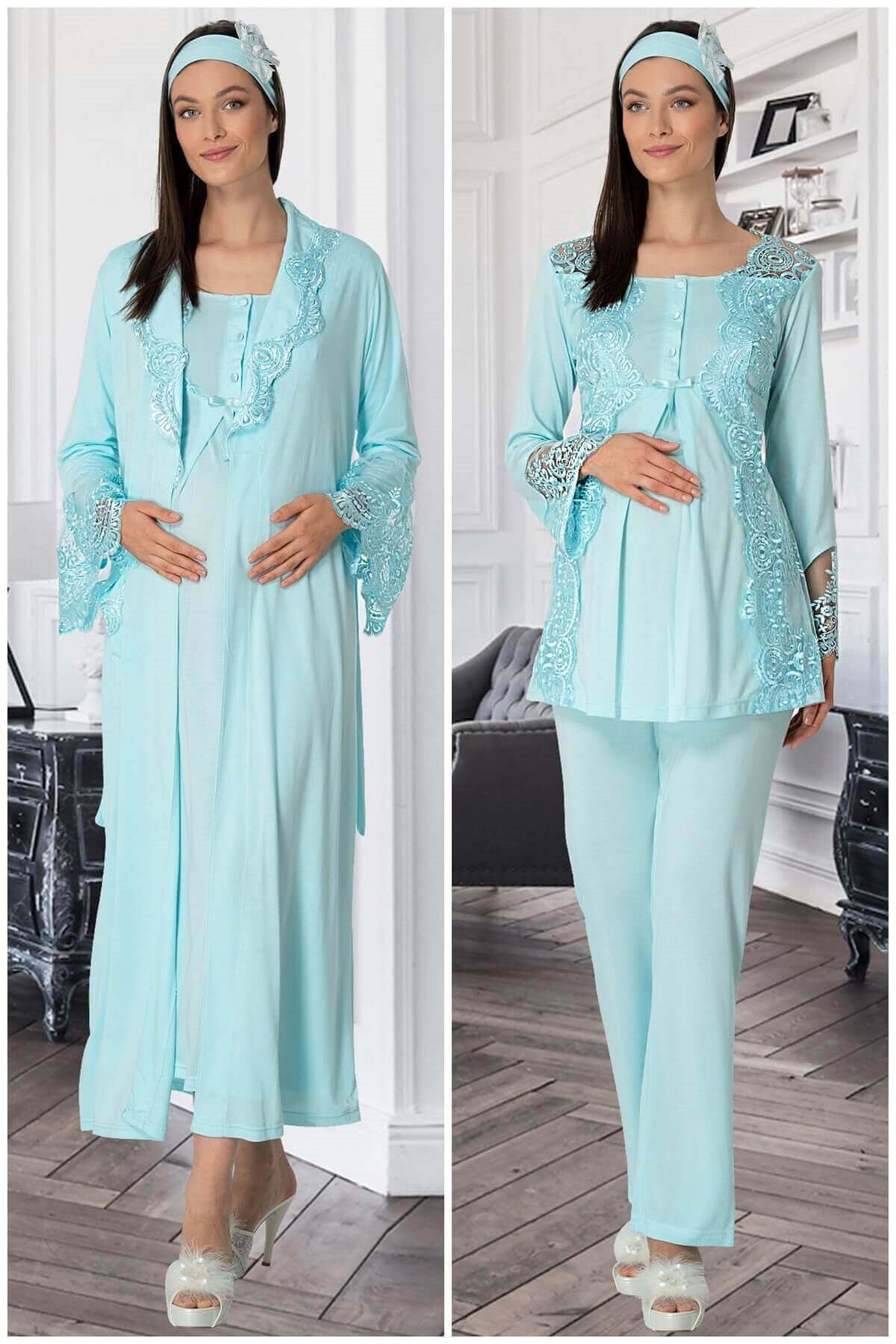 Lace Collar 4-Piece Maternity-Nursing Set Turquoise - 5355