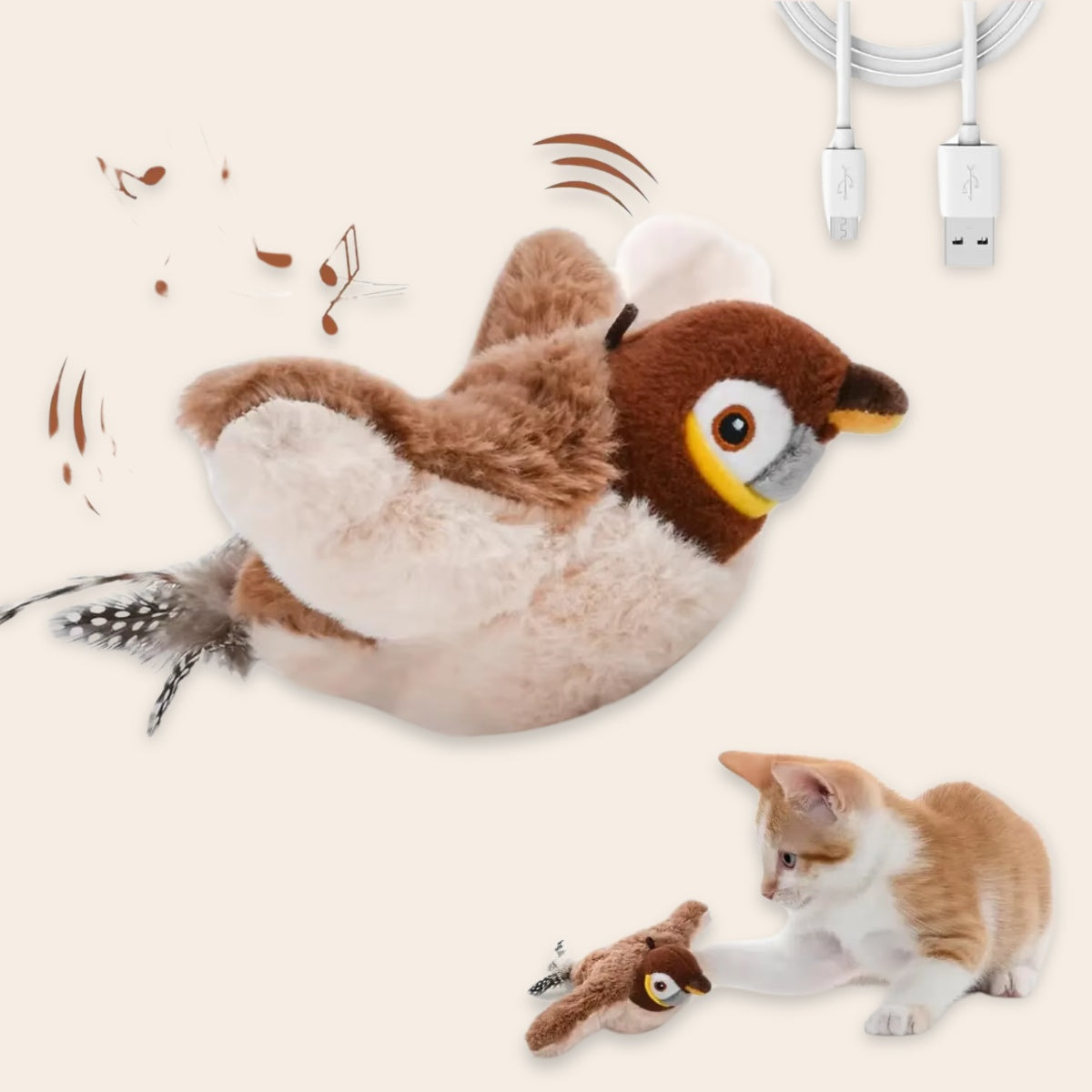 CharmPaws® Realistische Simulatie Vogel voor Katten - Grote Mus (Flappert + Tjilpt)
