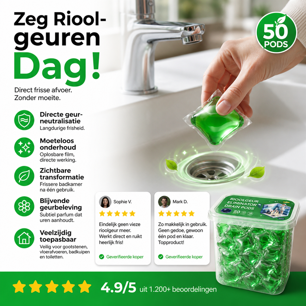 Bio-enzymatische afvoercapsules — Neutraliseert geuren direct bij de bron. Directe frisheid, zonder agressieve chemicaliën. Zeg dag tegen stank! 🚰✅