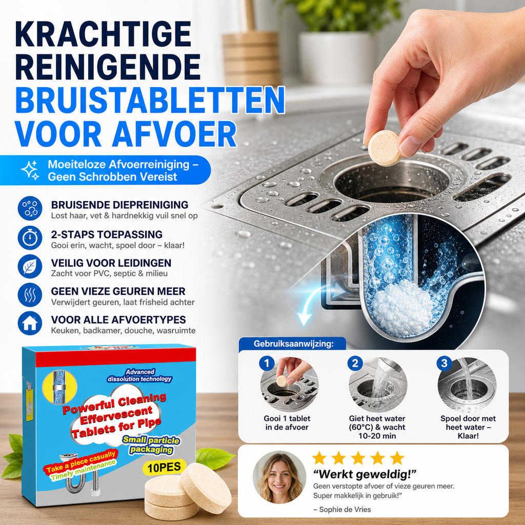 50% KORTING ❤️Krachtige Reinigende Bruistabletten voor Afvoer, Lost Haar & Vet Verstoppingen Snel Op, Geurverwijderend Antibacterieel Afvoerreiniging voor Gootsteen Toilet Vloer