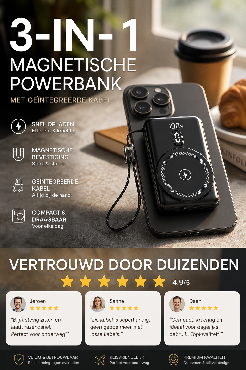 ⏳Tijdelijk 50% korting⏰3-in-1 magnetische powerbank met ingebouwde kabel🔋📱