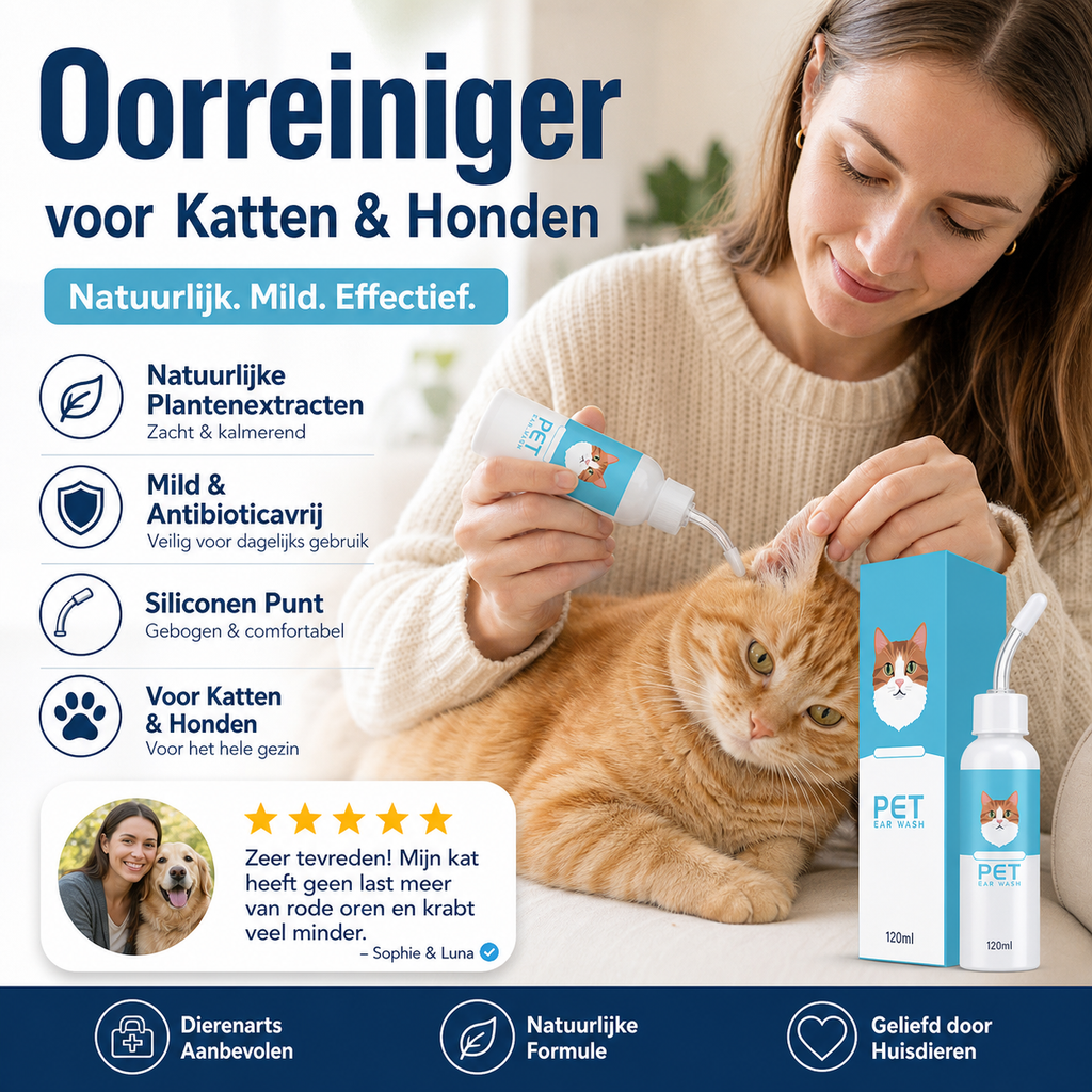 💥【LIMITED TIME 50% OFF】🔥 Oorreiniger voor Katten en Honden | Natuurlijke Plantenextracten | Mild & Antibioticavrij | Siliconen Punt | 120ml
