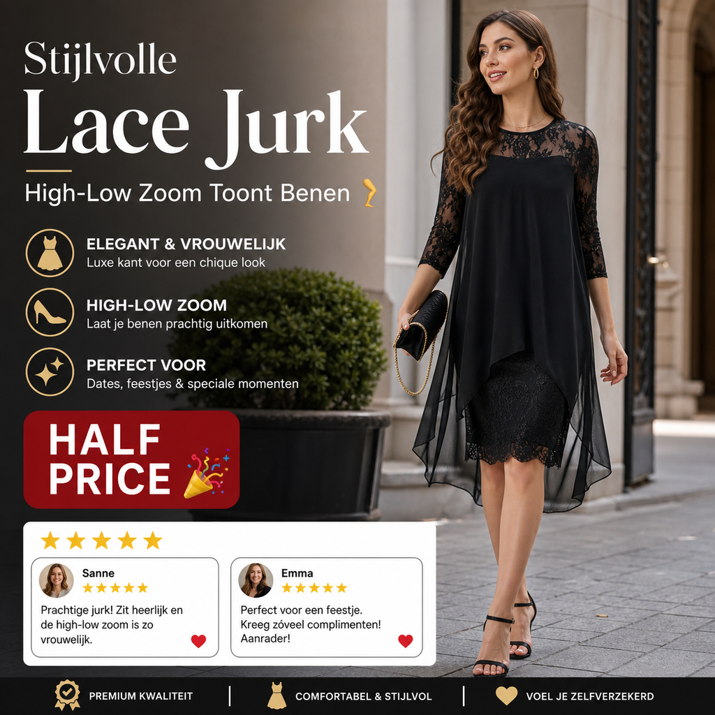 ⏳ FLASH SALE! ✨ Stijlvolle Lace Jurk | High-Low Zoom Toont Benen 🦵 | Perfect voor Dates/Feestjes | HALF PRICE 🎉