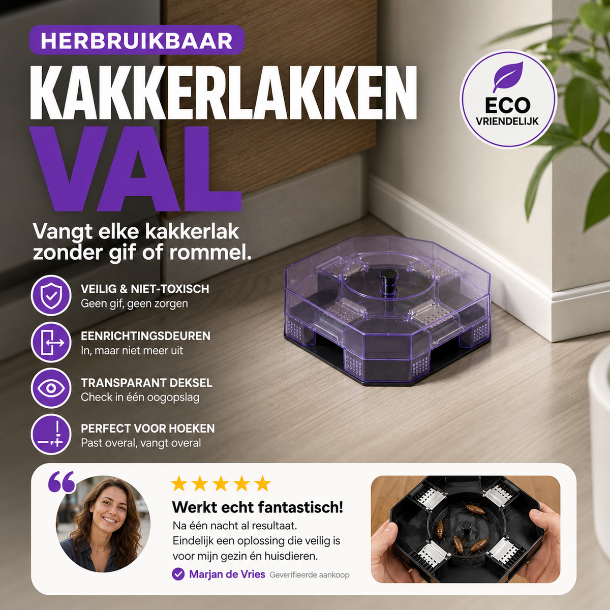 🏠🚫 50% KORTING! Stop met het spuiten van chemische troep waar je kinderen en huisdieren bij lopen! Deze herbruikbare val met eenrichtingsdeuren vangt élke kakkerlak – geen gif, geen rommel.