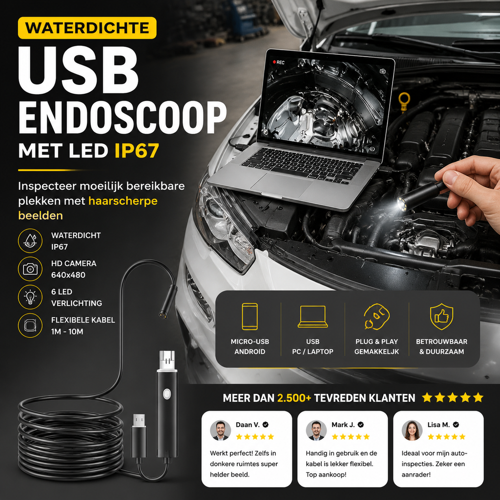 🔦 Waterdichte USB-endoscoopcamera met LED – IP67, 5,5 mm/7 mm & 1-10 m – Perfect voor leidinginspecties, voertuigdiagnose of moeilijk bereikbare plaatsen – scherpe beelden & flexibele kabel 🛠️✨