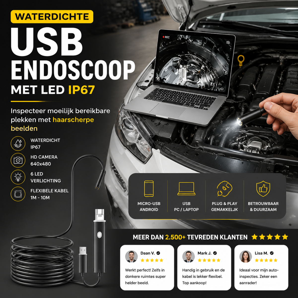 🔦 Waterdichte USB-endoscoopcamera met LED – IP67, 5,5 mm/7 mm & 1-10 m – Perfect voor leidinginspecties, voertuigdiagnose of moeilijk bereikbare plaatsen – scherpe beelden & flexibele kabel 🛠️✨